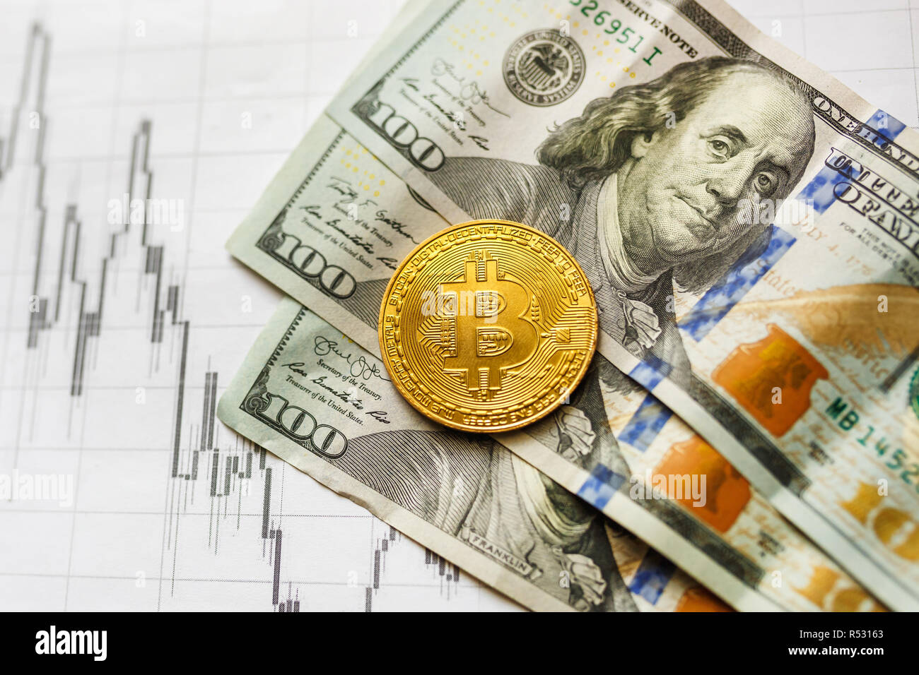 Virtual Money Golden Bitcoin On Hundred Dollars Bills And Paper - 